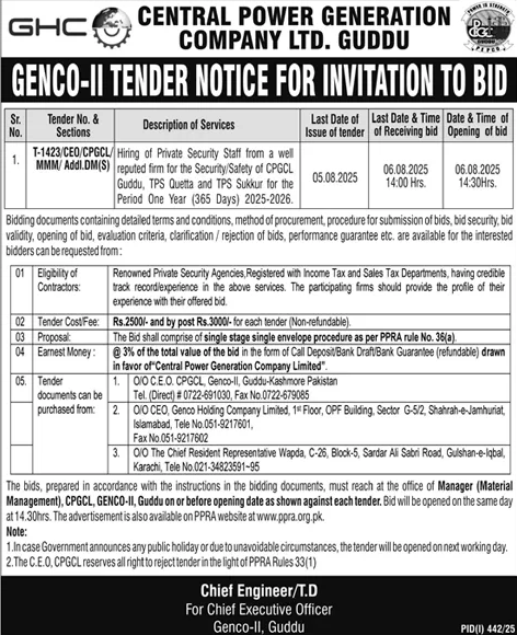 Central Power Generation Company Limited Guddu Tender Notice